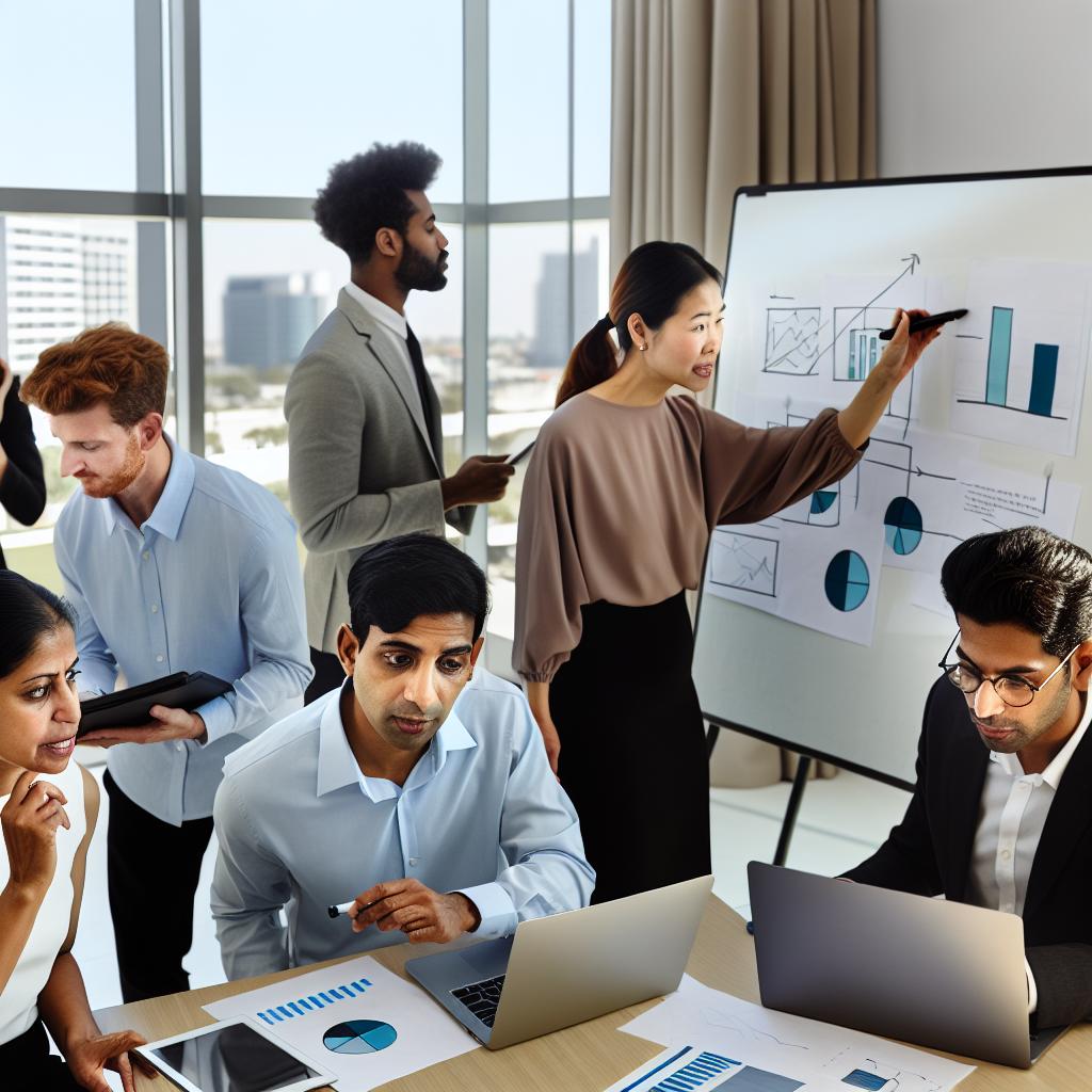 A group of diverse professionals in a modern office setting, collaborating on data analysis and strategy development.